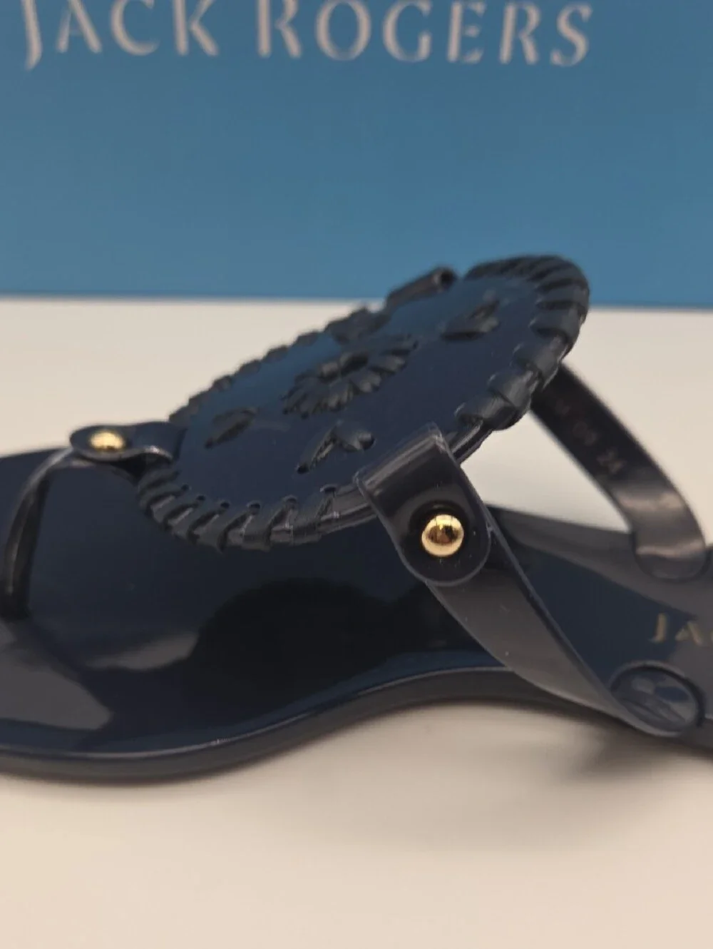 Jack Rogers Navy Patent Jelly Sandals with Woven Medallion